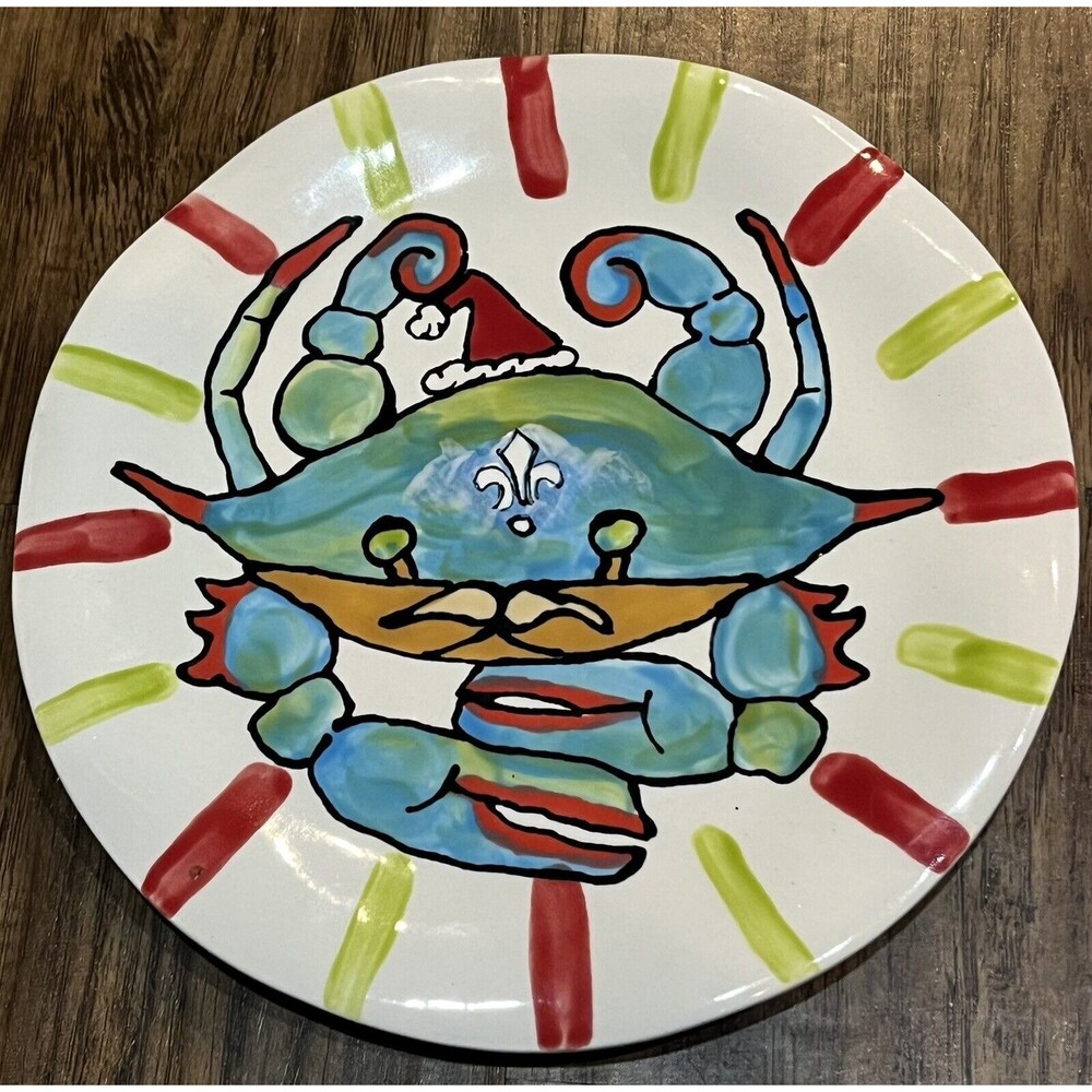 decorative New Orleans Plate blue crab with santa hat Hand painted By jan salzer